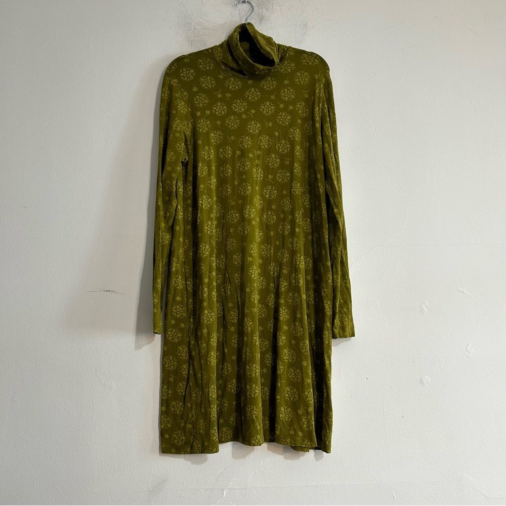 Gudrun Sjoden Taiyoko Jersey Knit Green Floral Turtleneck Long Sleeve Dress